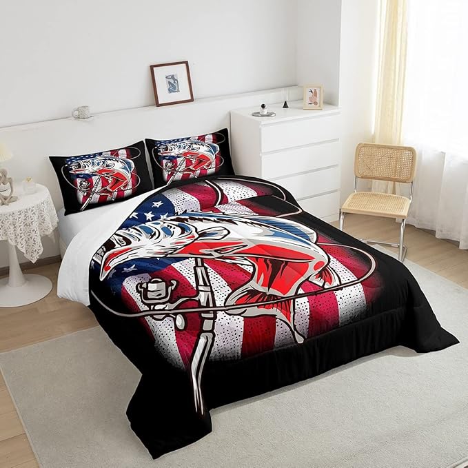 American Flag Comforter Set Farmhouse Fishing Bedding Set for Kids Boys Girls Teens Room Wild Fish Decor Comforter Red Blue Stripe Quilted Set 3Pcs Queen Size - LeafyLoom