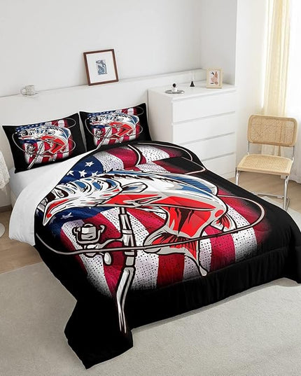 American Flag Comforter Set Farmhouse Fishing Bedding Set for Kids Boys Girls Teens Room Wild Fish Decor Comforter Red Blue Stripe Quilted Set 2Pcs Twin Size - LeafyLoom