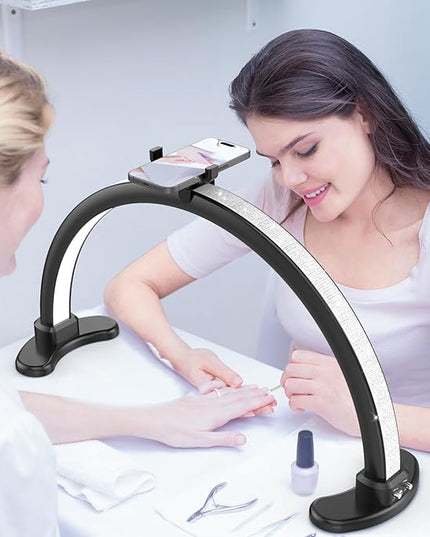 Large Half Moon LED Light for Table Nail Desk Lamp, Upgrade Arch Light for Nail Techs with Phone Stand Perfect for Nails Tech Manicure (Black) - LeafyLoom