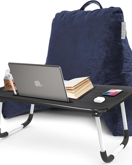 Clara Clark Reading Pillow with Portable Lap Desk for laptop Set, Back Pillow for Sitting Up in Bed, Memory Foam Back Support Pillow, Bed Rest Pillow with Foldable Laptop Desk, Standard - Navy Blue - LeafyLoom