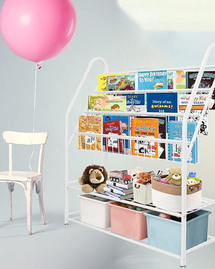aboxoo Metal Kids Bookshelf Freestanding Bookcase for Children Room 32 in Large Toy Organizer Modern MinimalistWhite Stable Metel Bookstore Bedroom, Living, Library Book Unit Storage - LeafyLoom