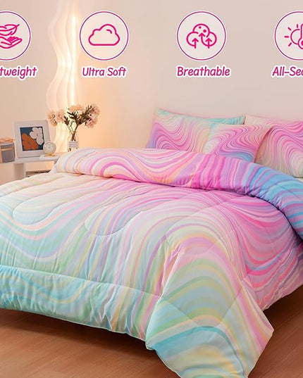 4 Pcs Pink Full Comforter Set for Girls, Tie Dye Superior Kids Teen Bedding Sets, Blue Pink Rainbow Full Size Bedding Set for Girls - LeafyLoom