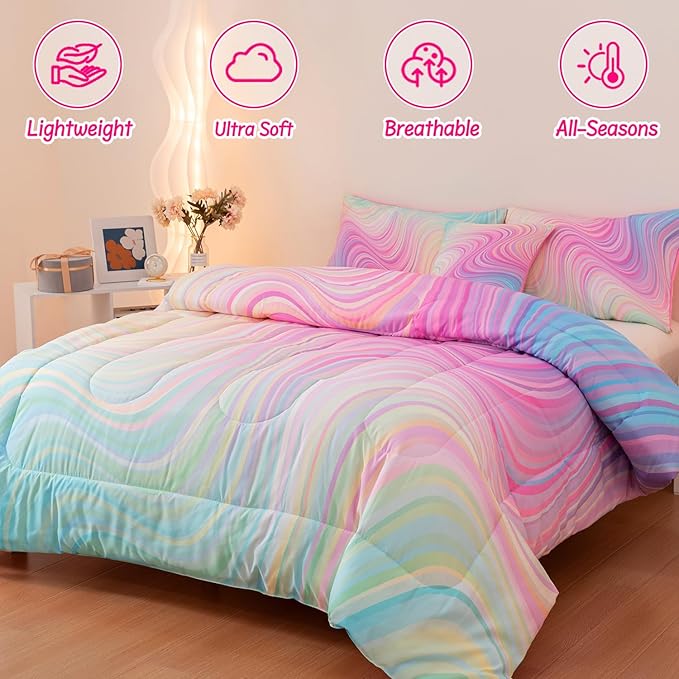 4 Pcs Pink Full Comforter Set for Girls, Tie Dye Superior Kids Teen Bedding Sets, Blue Pink Rainbow Full Size Bedding Set for Girls - LeafyLoom