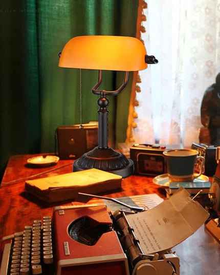 TORCHSTAR Bankers Desk Lamp with Pull Chain Switch, Amber Glass Shade Desk Lamps, Bronze Base, UL Listed, E26 Base, Vintage Library Lamp for Office, Study Room(Matted Orange) - LeafyLoom