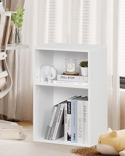 YAHARBO 2 Cube Bookshelf, White Record Player Stand with Vinyl Storage Up to 100 Albums, Horizontal Low Book Shelf, Mini Bookcase with Storage Organizer, Small Turntable Stand for Living Room, Bedroom - LeafyLoom
