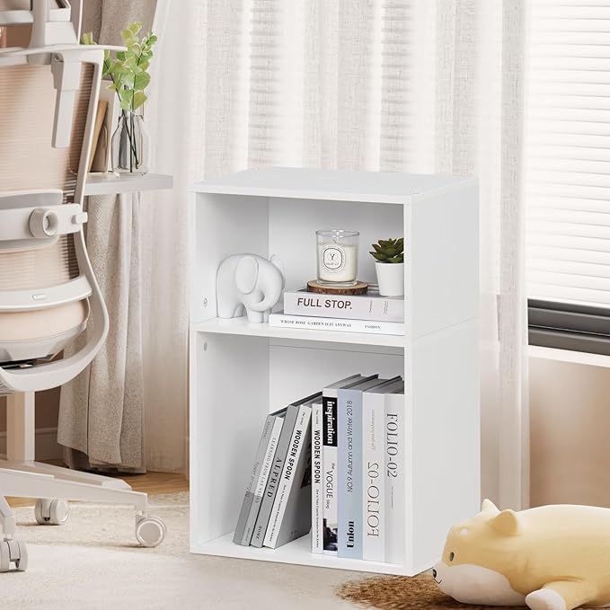 YAHARBO 2 Cube Bookshelf, White Record Player Stand with Vinyl Storage Up to 100 Albums, Horizontal Low Book Shelf, Mini Bookcase with Storage Organizer, Small Turntable Stand for Living Room, Bedroom - LeafyLoom