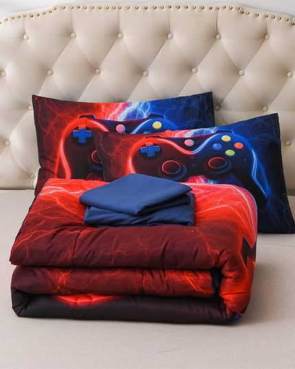 Meeting Story Gamer Gaming Bedding Sets Red-Blue Lightnings Gamepad Comforter Set for Boys Games Console Action Buttons Novelty Colorful Modern Room Decor Home Quilt Set (Red-Blue, Twin 5Pcs) - LeafyLoom
