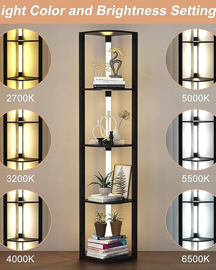 VTRIN Corner Shelf with Light, Modern Home Decor Stand Floor Lamps with Storage Shelves for Collectibles, Sturdy 5-Tier Corner Bookshelf Cabinet Display Shelf for Living Room Bedroom Small Space - LeafyLoom