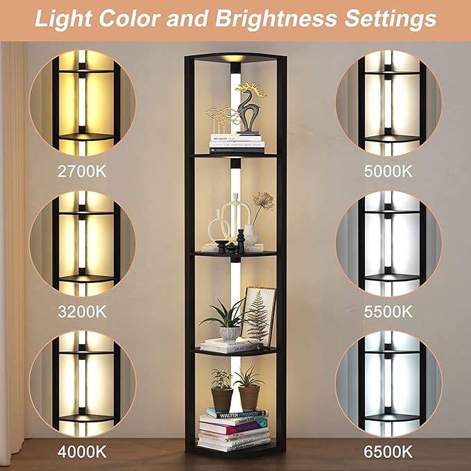 VTRIN Corner Shelf with Light, Modern Home Decor Stand Floor Lamps with Storage Shelves for Collectibles, Sturdy 5-Tier Corner Bookshelf Cabinet Display Shelf for Living Room Bedroom Small Space - LeafyLoom