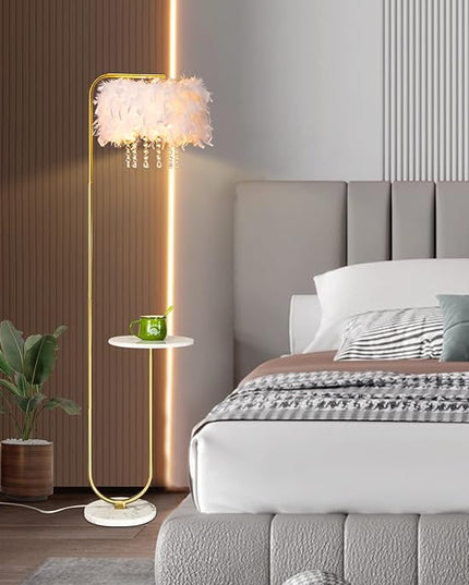 Unique Led White Feather Floor Lamp with Tray,Ostrich Feather Stand Lamp,Living Room Bedroom Office Shop Window Decoration Lamp,Foot Switch and Brass/Gold Finish Arc Floor Lamp - LeafyLoom