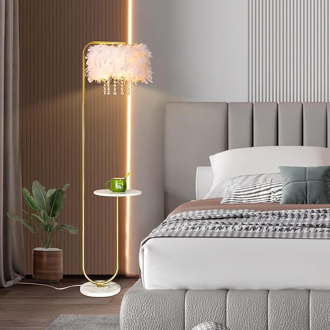 Unique Led White Feather Floor Lamp with Tray,Ostrich Feather Stand Lamp,Living Room Bedroom Office Shop Window Decoration Lamp,Foot Switch and Brass/Gold Finish Arc Floor Lamp - LeafyLoom