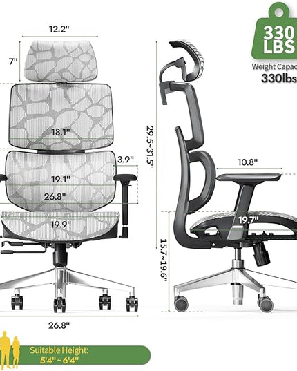 Office Chair Ergonomic Desk Chair, ALL-Mesh High Back Home Office Chair Lumbar Support, Reclining Gaming Chair Adjustable Armrests Headrest, Big and Tall Swivel Computer Chair 330LBS (Grey) - LeafyLoom
