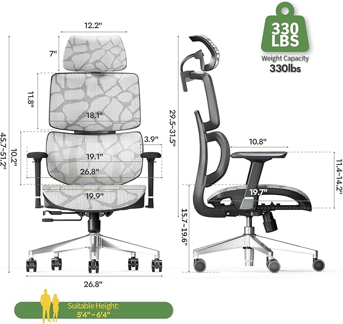 Office Chair Ergonomic Desk Chair, ALL-Mesh High Back Home Office Chair Lumbar Support, Reclining Gaming Chair Adjustable Armrests Headrest, Big and Tall Swivel Computer Chair 330LBS (Grey) - LeafyLoom