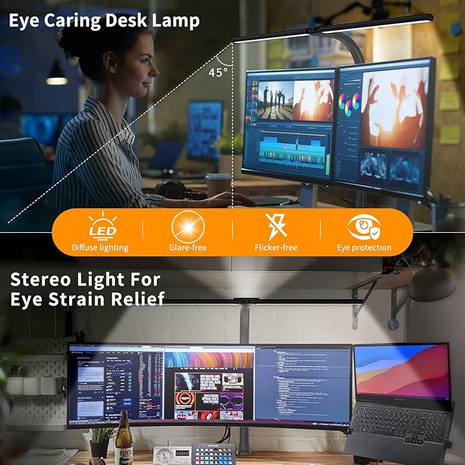 LED Desk Lamp for Home Office - 24W Bright Double Head Desk Light with Clamp Eye Caring Architect Task light 25 Lighting Modes Adjustable Flexible Gooseneck Lamp for Workbench Drafting Study - LeafyLoom