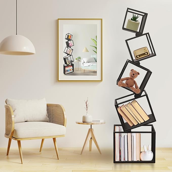 Unique Bookshelf, Book Shelves for Living Room, Geometric Bookcase, Modern Bookcase, Cool Bookshelf, Black Bookshelf, 67" Tall, Metal - LeafyLoom