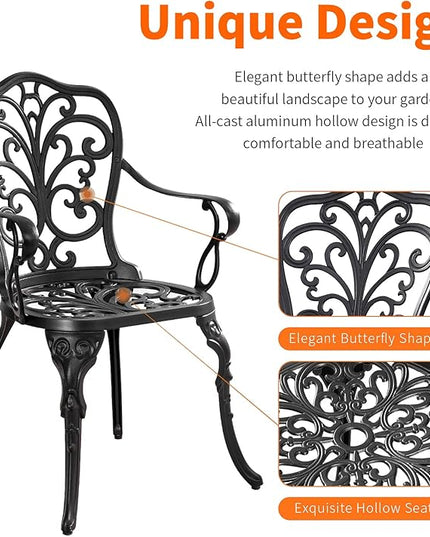 Bistro Table and Chairs Set of 2 Outdoor 3 Piece Bistro Sets Cast Aluminum Patio Bistro Set with Umbrella Hole, Patio Set for Garden, Black - LeafyLoom