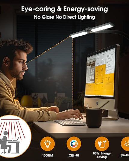 LED Desk Lamp with Clamp, Rotatable Architect Lamp for Home Office, Bright Computer Desk Light with Dimmable Color Brightness, Adjustable Desktop Lamp with Gooseneck, Double Head, Black - LeafyLoom
