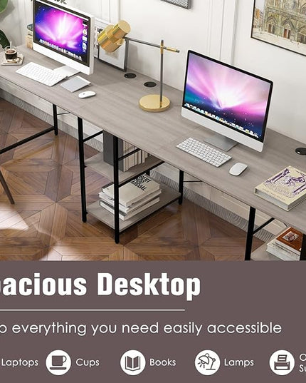 L-Shaped Home Office Desk, Corner Computer Desk w/Monitor Stand, Reversible PC Desk w/Heavy-Duty Metal Frame, Long Office Desk for 2 Person, Space-Saving Design (Grey) - LeafyLoom