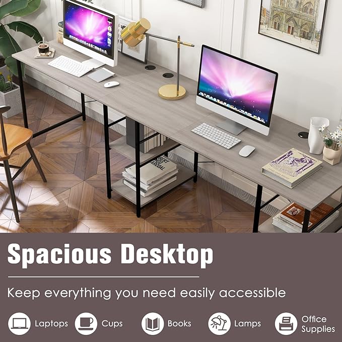 L-Shaped Home Office Desk, Corner Computer Desk w/Monitor Stand, Reversible PC Desk w/Heavy-Duty Metal Frame, Long Office Desk for 2 Person, Space-Saving Design (Grey) - LeafyLoom