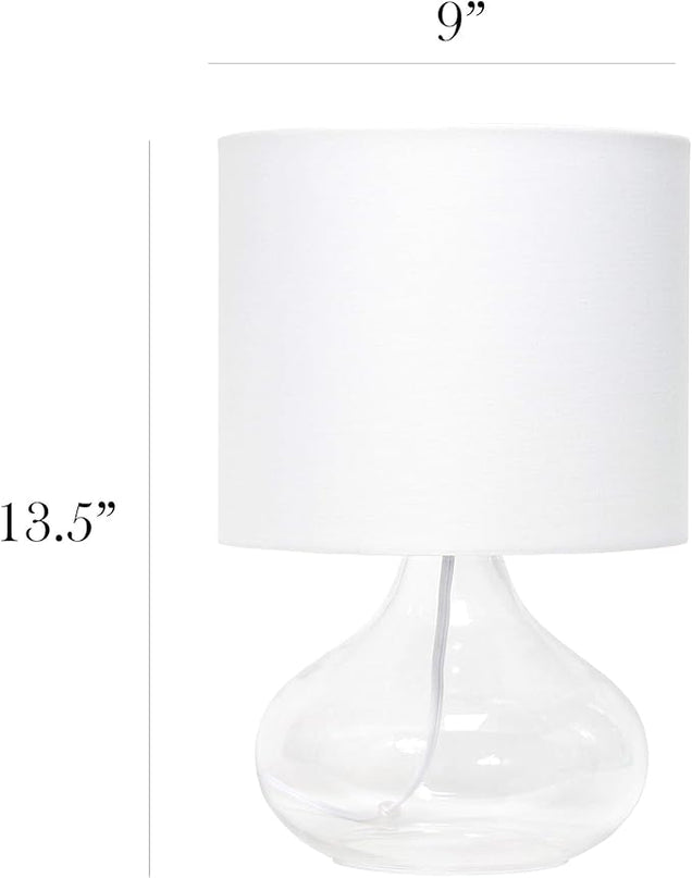 Simple Designs LT2063-CLW Small Glass Raindrop Bedside Table Lamp with White Fabric Shade, Clear - LeafyLoom