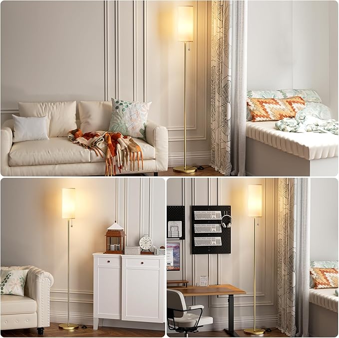 Ambimall Floor Lamp for Living Room with 3 Color Temperatures Bulb, 64" Standing lamp with Linen lampshade for Bedroom, Minimalist Pole Lamp, Beige Shade & Gold Pole - LeafyLoom