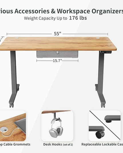 FEZIBO Standing Desk with Drawer, 55 x 24 Inches Adjustable Height Electric Stand up Desk with Storage, Sit Stand Home Office Desk, Light Rustic/Grey Frame - LeafyLoom
