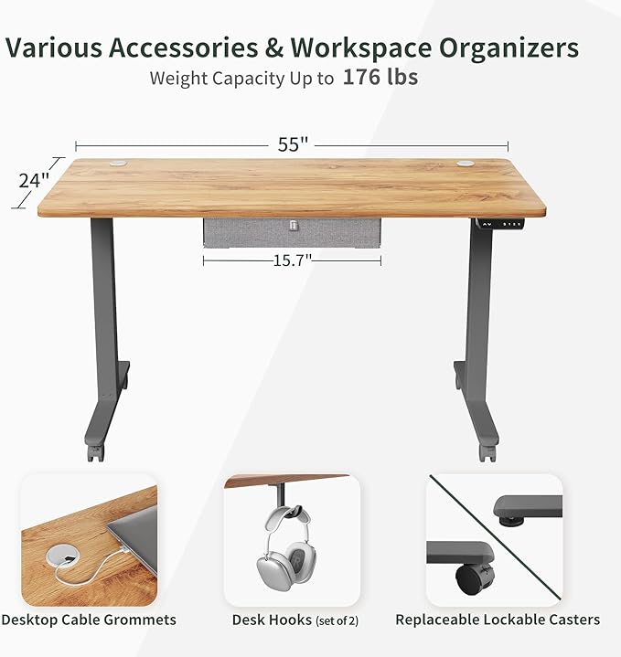 FEZIBO Standing Desk with Drawer, 55 x 24 Inches Adjustable Height Electric Stand up Desk with Storage, Sit Stand Home Office Desk, Light Rustic/Grey Frame - LeafyLoom