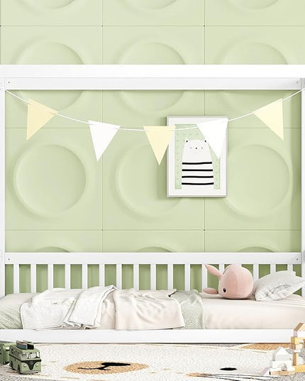 Twin Size Canopy Bed Frame with Guardrails for Kids,Floor Bed Twin with Four Poster Design,Kids Montessori Floor Bed,Wood Canopy Bed Frame for Girls,Boys(Twin,White) - LeafyLoom