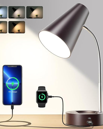RUNTOP Metal Desk Lamp, Desk Lamps for Home Office College Dorm Room Eye-Caring Reading, Gooseneck Desk Lamp with USB Port, 5 Brightness Levels, 5 Color Temperature, Flexible Study Desk Light,Brown - LeafyLoom