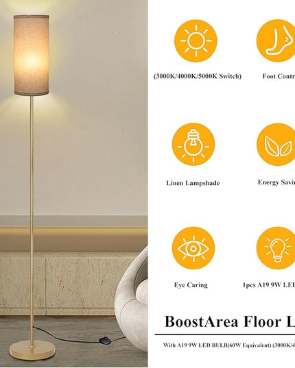 Boostarea Floor Lamp for Living Room with 3 Color Temperatures Bulb, Industrial Floor Lamps, Gold Classic Tall Lamp for Office, Standing Lamps for Bedroom, Kids Room, Reading(9W LED Bulb, Linen Shade) - LeafyLoom