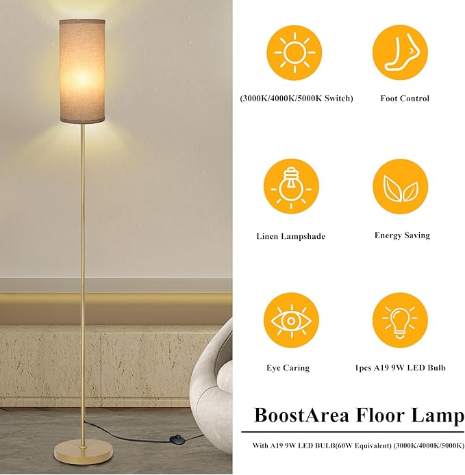 Boostarea Floor Lamp for Living Room with 3 Color Temperatures Bulb, Industrial Floor Lamps, Gold Classic Tall Lamp for Office, Standing Lamps for Bedroom, Kids Room, Reading(9W LED Bulb, Linen Shade) - LeafyLoom