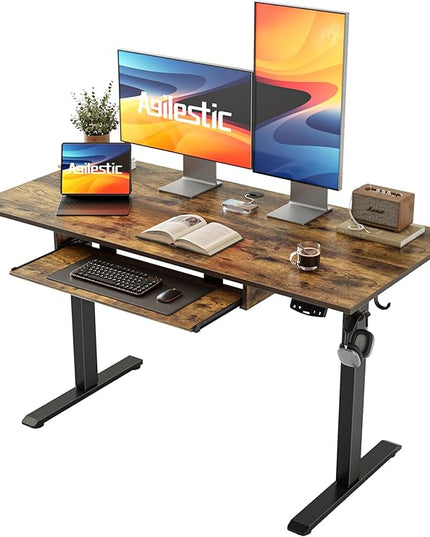 Height Adjustable Desk with Keyboard Tray, 48 x 24 Inches Electric Standing Desk, Stand up Computer Table with Memory Preset, Modern Lift Motorized Gaming Workstation, Rustic Brown - LeafyLoom