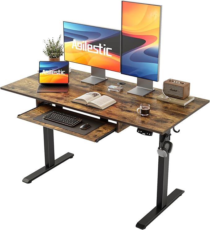 Height Adjustable Desk with Keyboard Tray, 48 x 24 Inches Electric Standing Desk, Stand up Computer Table with Memory Preset, Modern Lift Motorized Gaming Workstation, Rustic Brown - LeafyLoom