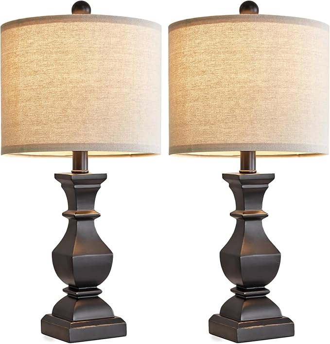PoKat 20.5" Mid Century Table Lamp Sets of 2 for Living Room Retro Style Farmhouse Table Lamp for Bedroom Classic Beige Resin Bedside Night Light Lamps, Suitable for Small Place - LeafyLoom