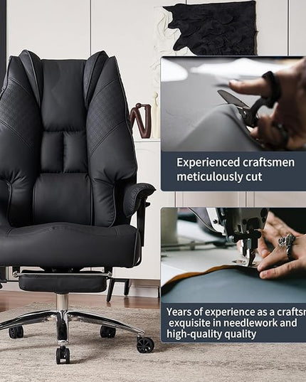 Big and Tall Office Chair 400lbs Wide Seat, Leather High Back Executive Office Chair with Foot Rest, Ergonomic Office Chair Lumbar Support for Lower Back Pain Relief (Black) - LeafyLoom