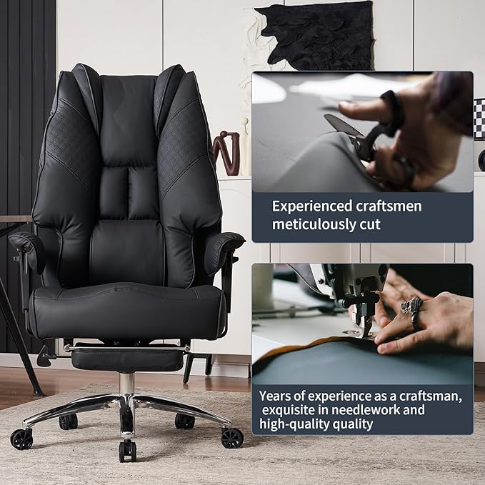 Big and Tall Office Chair 400lbs Wide Seat, Leather High Back Executive Office Chair with Foot Rest, Ergonomic Office Chair Lumbar Support for Lower Back Pain Relief (Black) - LeafyLoom