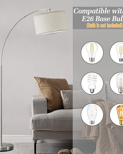 Arc Floor Lamps for Living Room, Silver Modern Floor Lamp, Adjustable Hanging Drum Shade, Tall Pole Lamp with Foot Switch, Over Couch Arched Reading Light for Bedroom, Office, LED Bulb Not Include - LeafyLoom