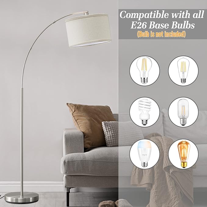 Arc Floor Lamps for Living Room, Silver Modern Floor Lamp, Adjustable Hanging Drum Shade, Tall Pole Lamp with Foot Switch, Over Couch Arched Reading Light for Bedroom, Office, LED Bulb Not Include - LeafyLoom
