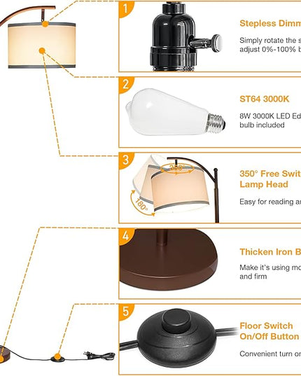 Dimmable Floor Lamp,Standing Lamp with Dimmer Brown Tall Pole Lamp with Adjustable Lamp Head Modern Floor Lamp with Hanging Shade Reading Floor Light for Living Room Bedroom 8W Bulb Included - LeafyLoom