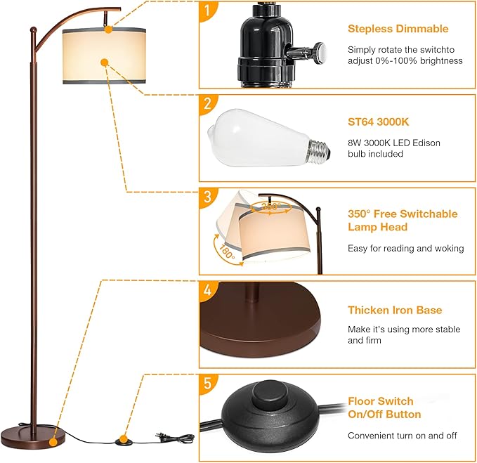 Dimmable Floor Lamp,Standing Lamp with Dimmer Brown Tall Pole Lamp with Adjustable Lamp Head Modern Floor Lamp with Hanging Shade Reading Floor Light for Living Room Bedroom 8W Bulb Included - LeafyLoom