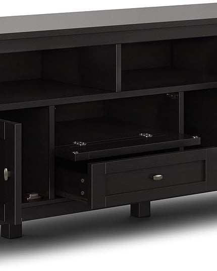 SIMPLIHOME Warm Shaker SOLID WOOD 72 Inch Wide Universal TV Media Stand Transitional with Storage, For Flat Screen TVs up to 80 Inches in Hickory Brown, For the Living Room Entertainment Center - LeafyLoom