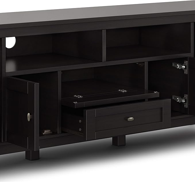SIMPLIHOME Warm Shaker SOLID WOOD 72 Inch Wide Universal TV Media Stand Transitional with Storage, For Flat Screen TVs up to 80 Inches in Hickory Brown, For the Living Room Entertainment Center - LeafyLoom