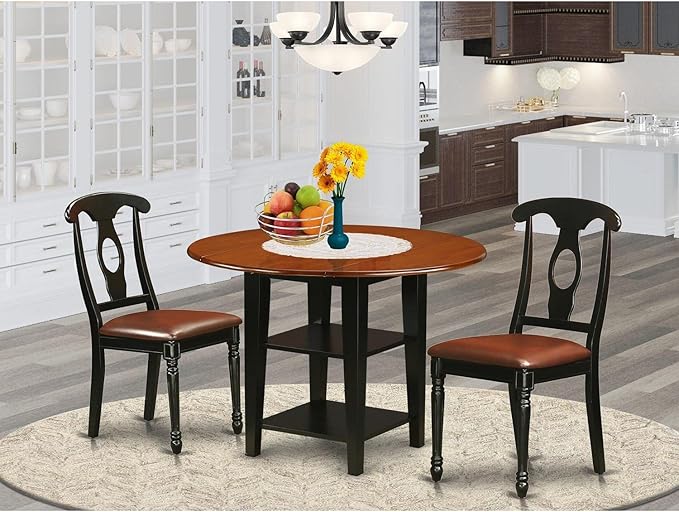 East West Furniture SUKE3-BCH-LC Sudbury 3 Piece Room Furniture Set Contains a Round Dining Table with Dropleaf & Shelves and 2 Faux Leather Upholstered Chairs, 42x42 Inch - LeafyLoom