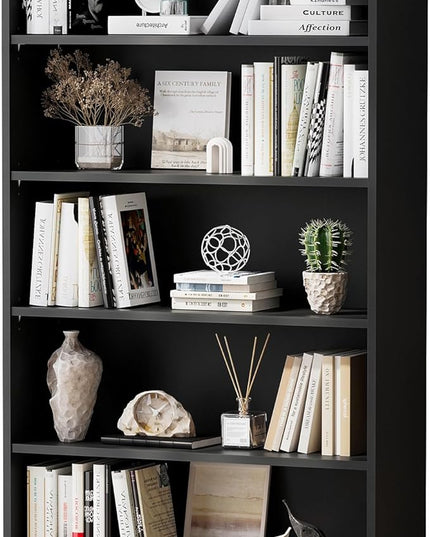 Soohow Black Bookcase,Bookshelf for Bedroom,60 inches Tall Wood Book case Book Shelves,5 Shelf Book Shelves for Living Room Office - LeafyLoom