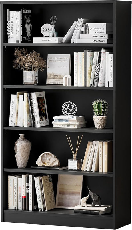 Soohow Black Bookcase,Bookshelf for Bedroom,60 inches Tall Wood Book case Book Shelves,5 Shelf Book Shelves for Living Room Office - LeafyLoom