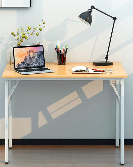 Need Folding Desk for Home Office 39-3/8 inch Length Modern Folding Table Computer Desk No Install Needed Teak Color Desktop White Frame AC5BW(100 * 60) - LeafyLoom