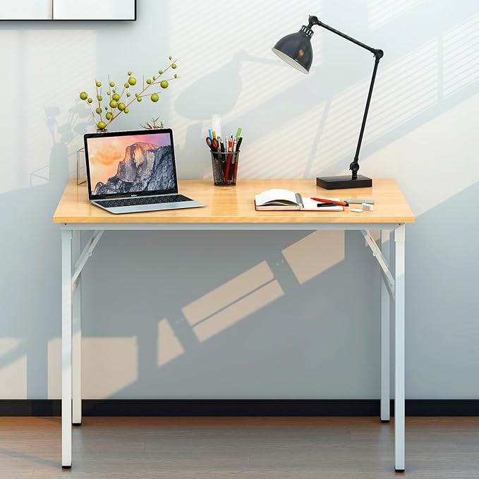 Need Folding Desk for Home Office 39-3/8 inch Length Modern Folding Table Computer Desk No Install Needed Teak Color Desktop White Frame AC5BW(100 * 60) - LeafyLoom