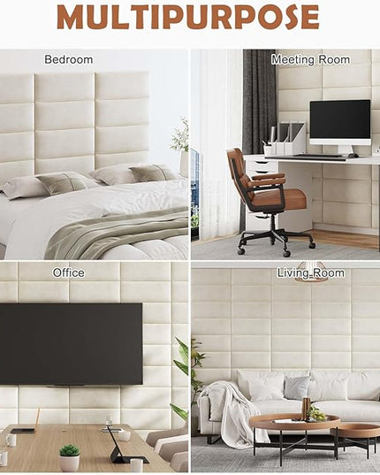 Wall Mounted Upholstered Headboard Queen, 3D Peel and Stick Soundproof Wall Panels, Reusable and Removable Padded Headboard Leather Bed Headboard, 9 Panels Headboard 9.84" x 23.62", Ivory White - LeafyLoom