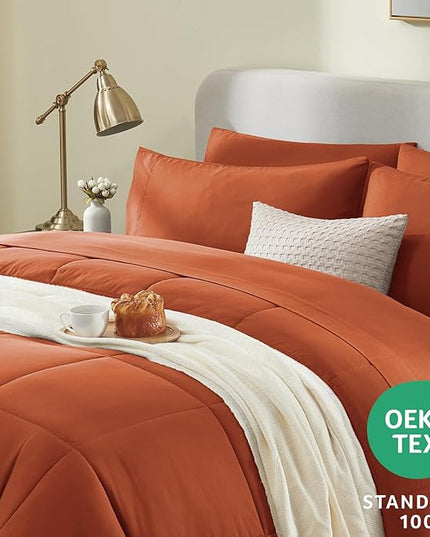 CozyLux Queen Size Comforter Set - 7 Pieces Bed in a Bag Set Burnt Orange, Bedding Sets Queen with All Season Quilted Comforter, Flat Sheet, Fitted Sheet, Pillowcases, Terracotta, Queen - LeafyLoom