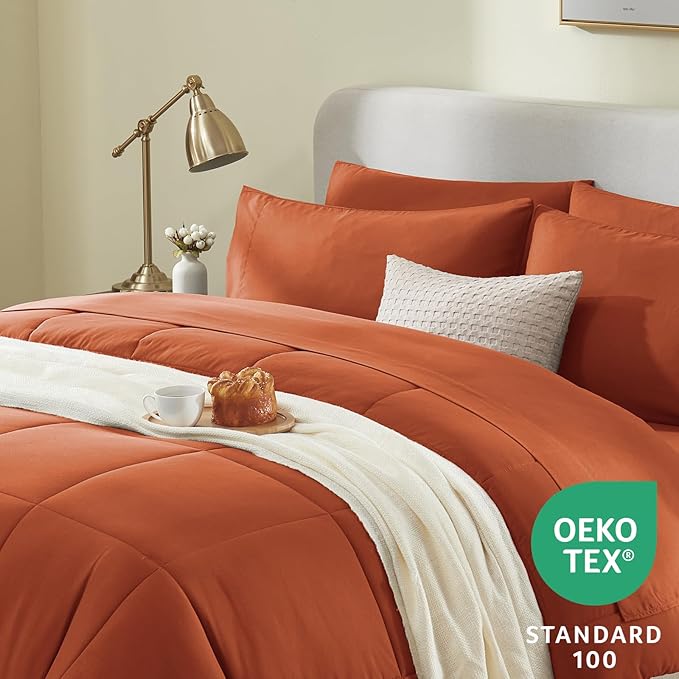 CozyLux Queen Size Comforter Set - 7 Pieces Bed in a Bag Set Burnt Orange, Bedding Sets Queen with All Season Quilted Comforter, Flat Sheet, Fitted Sheet, Pillowcases, Terracotta, Queen - LeafyLoom